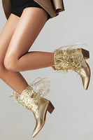 Laden Sie das Bild in den Galerie-Viewer, Goldene Western-Cowgirl-Stiefel mit kleinem Absatz und goldenem Tiefabsatz