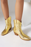 Laden Sie das Bild in den Galerie-Viewer, Goldene Western-Cowgirl-Stiefel mit kleinem Absatz und goldenem Tiefabsatz