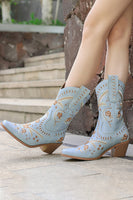 Laden Sie das Bild in den Galerie-Viewer, Schwarze bestickte Cowgirl Stiefeletten mit Klobiger Absatz