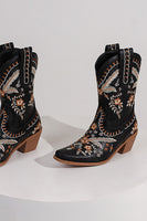 Laden Sie das Bild in den Galerie-Viewer, Schwarze bestickte Cowgirl Stiefeletten mit Klobiger Absatz