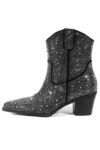 Schwarze Strass Westernstiefeletten in Kontrastfarbe