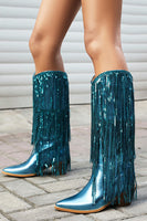 Laden Sie das Bild in den Galerie-Viewer, Damen Blaue Fransen Metallic Stiefel mit spitzer Zehenpartie und kleinem Absatz in mittlerer Wade
