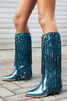 Damen Blaue Fransen Metallic Stiefel mit spitzer Zehenpartie und kleinem Absatz in mittlerer Wade