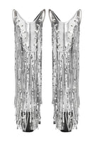 Laden Sie das Bild in den Galerie-Viewer, Damen Blaue Fransen Metallic Stiefel mit spitzer Zehenpartie und kleinem Absatz in mittlerer Wade