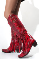 Laden Sie das Bild in den Galerie-Viewer, Schwarze perlenbesetzte Fransen mit spitzen Klobiger Absatz Boots für Damen