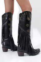 Laden Sie das Bild in den Galerie-Viewer, Schwarze perlenbesetzte Fransen mit spitzen Klobiger Absatz Boots für Damen