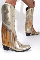 Laden Sie das Bild in den Galerie-Viewer, Schwarze perlenbesetzte Fransen mit spitzen Klobiger Absatz Boots für Damen