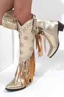 Laden Sie das Bild in den Galerie-Viewer, Schwarze perlenbesetzte Fransen mit spitzen Klobiger Absatz Boots für Damen