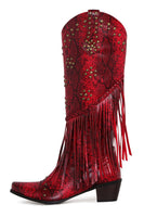 Laden Sie das Bild in den Galerie-Viewer, Schwarze perlenbesetzte Fransen mit spitzen Klobiger Absatz Boots für Damen