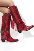 Laden Sie das Bild in den Galerie-Viewer, Schwarze perlenbesetzte Fransen mit spitzen Klobiger Absatz Boots für Damen