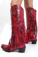 Laden Sie das Bild in den Galerie-Viewer, Schwarze perlenbesetzte Fransen mit spitzen Klobiger Absatz Boots für Damen