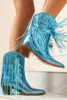 Laden Sie das Bild in den Galerie-Viewer, Damen Blaue Fransen Metallic Spitz Spitze Mode Stiefel