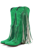 Laden Sie das Bild in den Galerie-Viewer, Blaue Stiefel mit spitzer Zehenpartie und dickem Absatz und Quaste