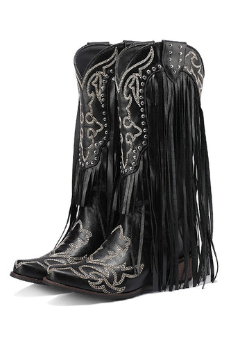 Schwarze Damen Stickerei Quaste Lederstiefel