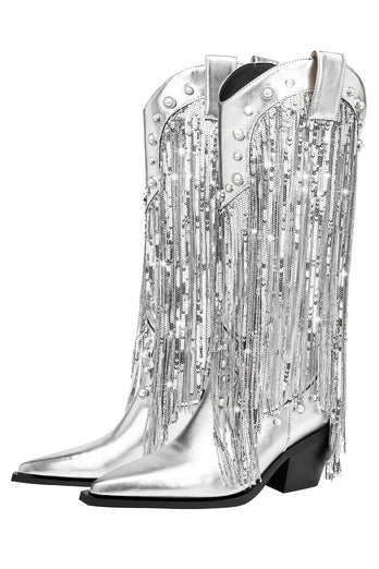 Glitzernde silberne Cowgirl-Stiefel mit Quaste und spitzer Zehenpartie in Glitzer in Silber