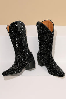 Glitzernde schwarze mittelgroße Pailletten mit Snip Toe Klobiger Absatz Boots