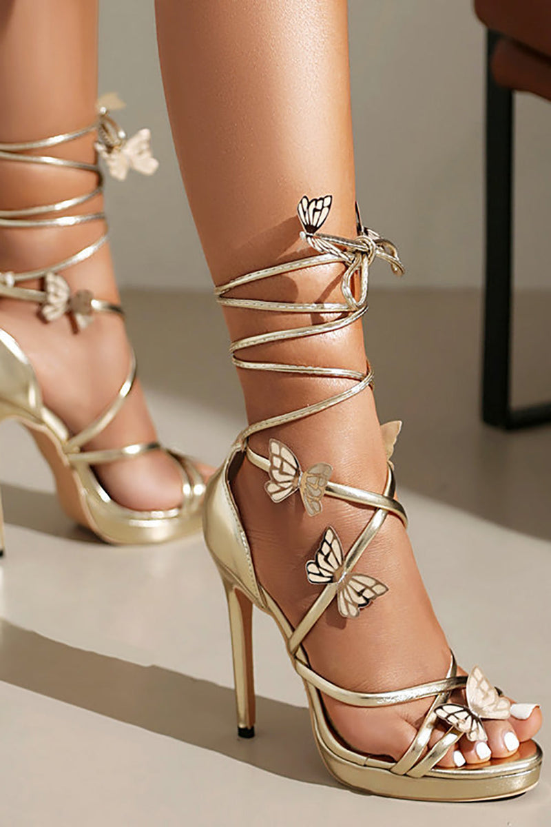 Laden Sie das Bild in den Galerie-Viewer, Damen Golden Metallic Riemchen Stilettos Sandalen Schuhe mit Schmetterling