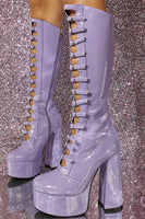 Laden Sie das Bild in den Galerie-Viewer, Damen Schwarze Front Hollow Buckle Klobiger Absatz Kniehohe Stiefel