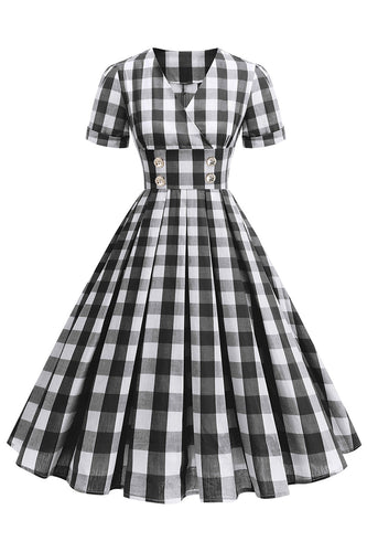 Schwarzes kariertes Vintage Kleid aus den 1950er Jahren mit V-Ausschnitt