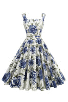 Laden Sie das Bild in den Galerie-Viewer, Blaues Vintage Kleid mit Blumendruck und quadratischem Ausschnitt aus den 1950er Jahren