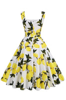 Laden Sie das Bild in den Galerie-Viewer, Blaues Vintage Kleid mit Blumendruck und quadratischem Ausschnitt aus den 1950er Jahren