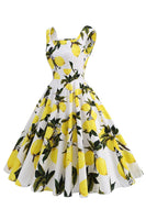 Laden Sie das Bild in den Galerie-Viewer, Blaues Vintage Kleid mit Blumendruck und quadratischem Ausschnitt aus den 1950er Jahren