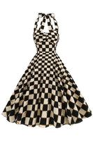Laden Sie das Bild in den Galerie-Viewer, Schwarzes Gitterkariertes Neckholder Kurzes Kleid aus den 1950er Jahren