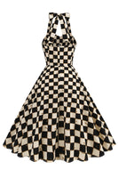 Laden Sie das Bild in den Galerie-Viewer, Schwarzes Gitterkariertes Neckholder Kurzes Kleid aus den 1950er Jahren