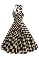 Laden Sie das Bild in den Galerie-Viewer, Schwarzes Gitterkariertes Neckholder Kurzes Kleid aus den 1950er Jahren