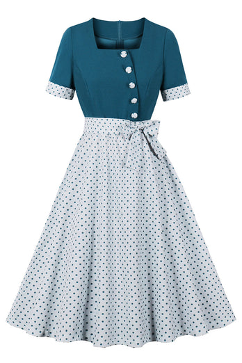 Blau Weiß Polka Dots quadratischer Ausschnitt Vintage Kleid aus den 1950er Jahren