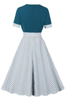 Laden Sie das Bild in den Galerie-Viewer, Blau Weiß Polka Dots quadratischer Ausschnitt Vintage Kleid aus den 1950er Jahren