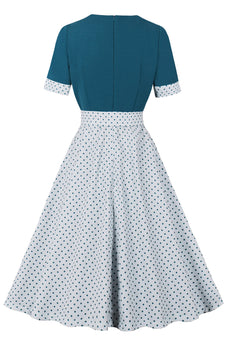 Blau Weiß Polka Dots quadratischer Ausschnitt Vintage Kleid aus den 1950er Jahren