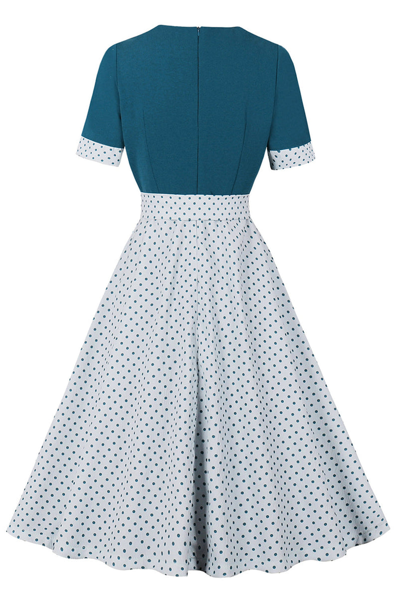 Laden Sie das Bild in den Galerie-Viewer, Blau Weiß Polka Dots quadratischer Ausschnitt Vintage Kleid aus den 1950er Jahren