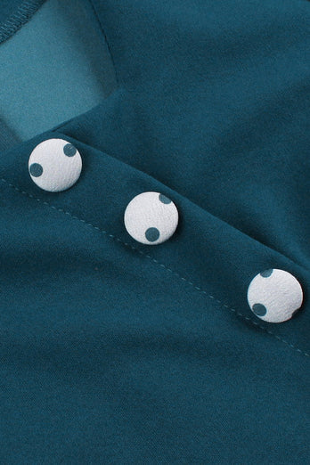 Blau Weiß Polka Dots quadratischer Ausschnitt Vintage Kleid aus den 1950er Jahren