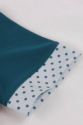 Blau Weiß Polka Dots quadratischer Ausschnitt Vintage Kleid aus den 1950er Jahren