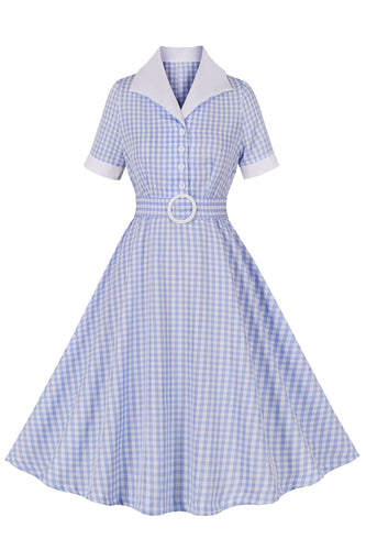 Blaues kariertes Vintage Kleid aus den 1950er Jahren mit Reversausschnitt