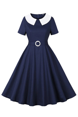 Marineblaues A-Linie Vintage 1950er Jahre Kleid mit Rundhalsausschnitt