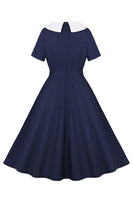 Laden Sie das Bild in den Galerie-Viewer, Marineblaues A-Linie Vintage 1950er Jahre Kleid mit Rundhalsausschnitt