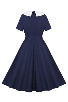 Marineblaues A-Linie Vintage 1950er Jahre Kleid mit Rundhalsausschnitt