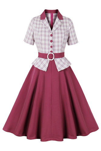 Lila Rot Kariertes Kurzarm Swing Kleid aus den 1950er Jahren