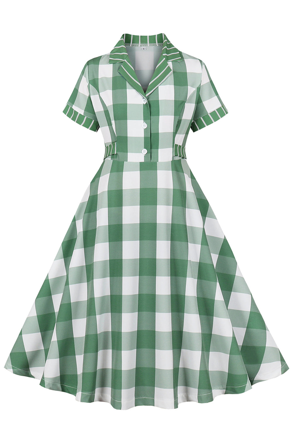 Kariertes grünes kurzärmeliges Retro Kleid aus den 1950er Jahren mit Schleifen