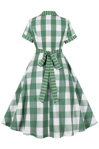 Kariertes grünes kurzärmeliges Retro Kleid aus den 1950er Jahren mit Schleifen