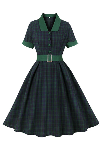 Marinegrünes kariertes Swing Kleid mit Gürtel aus den 1950er Jahren