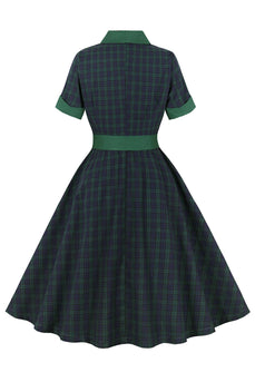 Marinegrünes kariertes Swing Kleid mit Gürtel aus den 1950er Jahren