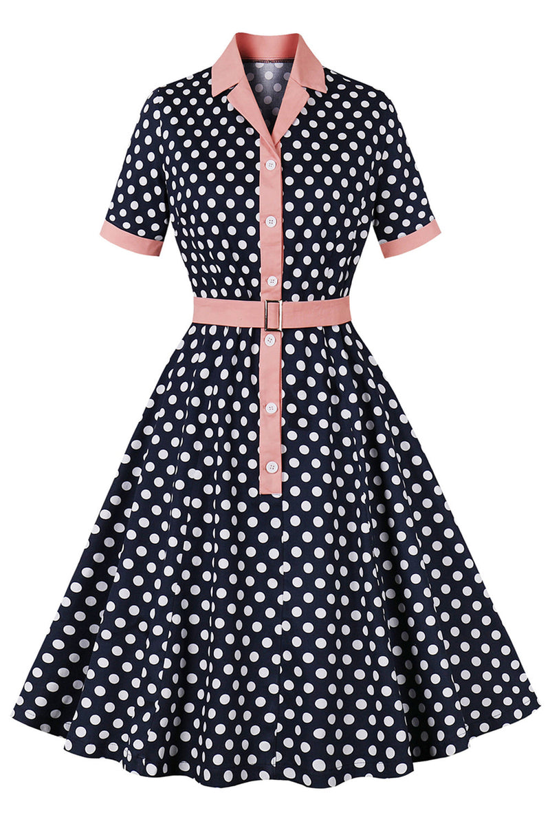 Laden Sie das Bild in den Galerie-Viewer, Schwarzes rosa Polka Dot Pinup Kleid aus den 1950er Jahren