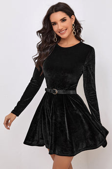 Schwarzes A-Linie Cocktail Partykleid mit langen Ärmeln