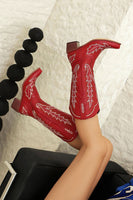 Laden Sie das Bild in den Galerie-Viewer, Klassische schwarze bestickte kniehohe Cowgirl-Stiefel mit spitzer Zehenpartie und breiter Wade