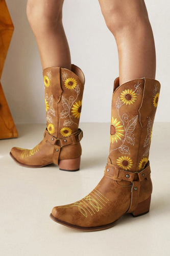 Braunes Sonnenblumenmuster auf spitzer Zehenpartie Cowgirl-Stiefel mit kleinem Absatz