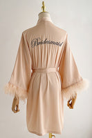 Laden Sie das Bild in den Galerie-Viewer, Rote Braut Brautjungfer Teelange Robe mit Feder