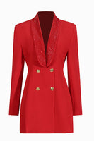 Laden Sie das Bild in den Galerie-Viewer, Glitzernder schwarzer Schal Revers Rückenfreier Perlen-Blazer für Damen